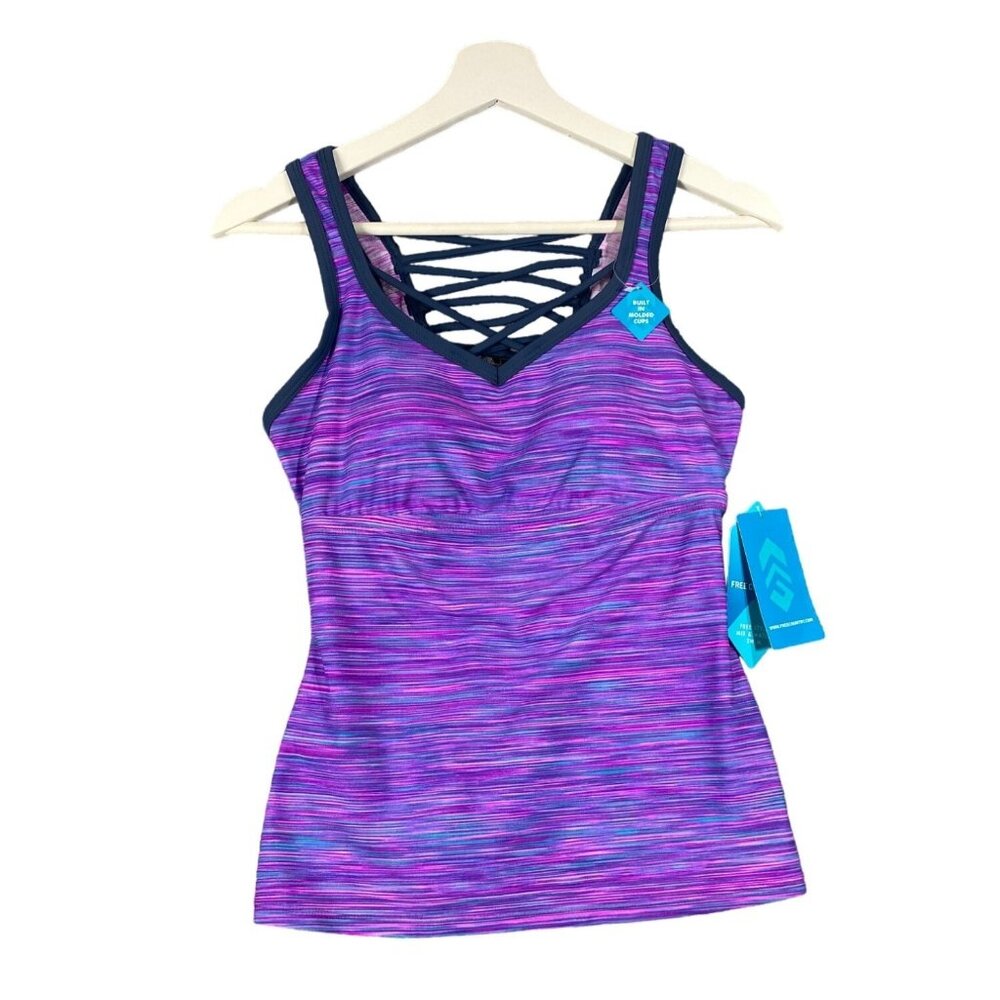 FREE COUNTRY Swim Tank SZ 4/6 Molded Cups UPF Berry Pink‎ Purple Racerback NEW
